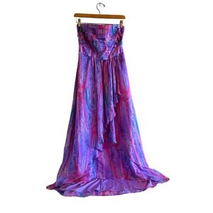 Y2K 100% Silk  Purple Pink Electric Print Maxi Dress Gold Trim Tiered Gown SZ 8
